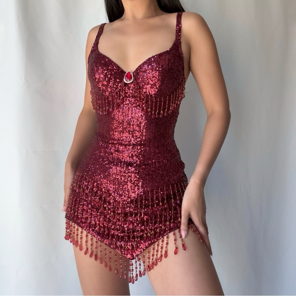 Trashy LA Flapper Sequin Beaded Costume Mini Dress in Burgundy - Picture 2 of 6
